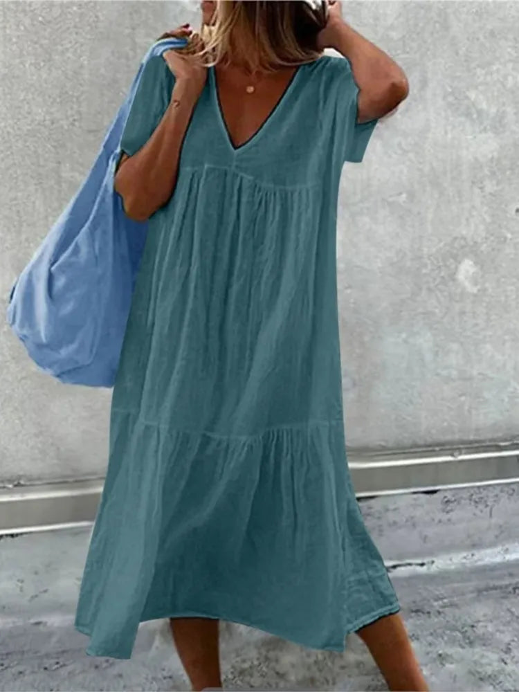 Solid Color Cotton Linen Midi Dresses Women Fashion Casual V-neck Short Sleeves Loose Dress Simple Style Lady Commuting Vestidos