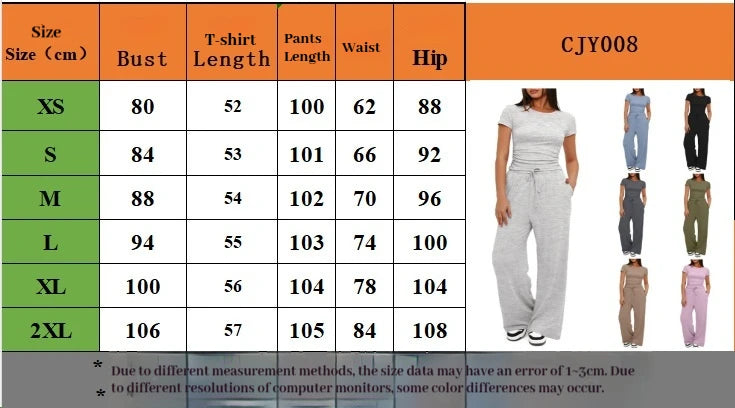 Women Two Pieces Set T-shirt And Wide Leg Pants Short Sleeves High Waist Solid Multi-colors Sports Yoga Casual Tracksuit