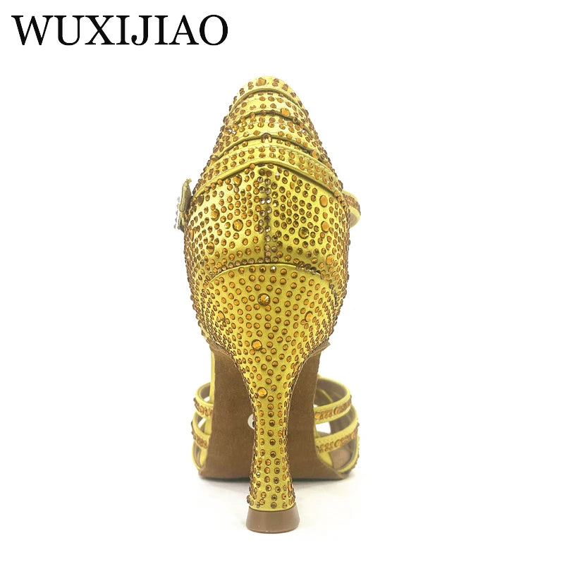 WUXIJIAO Classic Yellow Satin Latin Dance Shoes British Style Water Diamond Dance Shoes Sasha Tango Dance Shoes