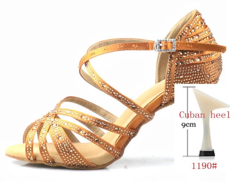 Bronze Rhinestone Latin Dance Shoes Women's Salas Ballroom Shoes Pearl High Heels 9cm Waltz Software Shoes Hot Selling