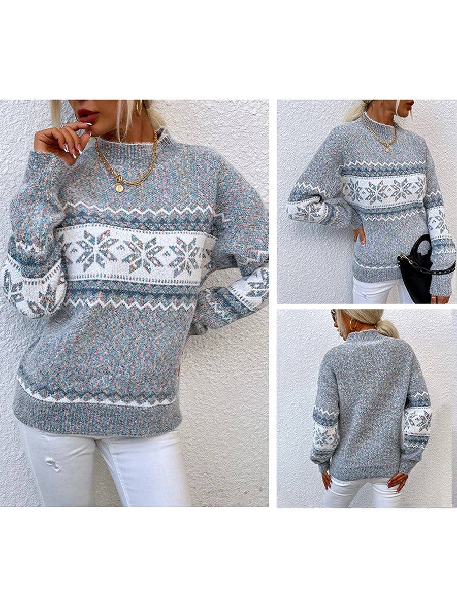 Women s Loose Christmas Sweater Snowflake Print Long Sleeve Half High Neck Pullover Holiday Knitwear