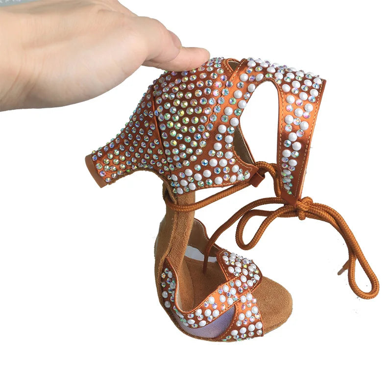 Customized Women\'s Latin Dance Shoes Low Heel Tan Fabric Dancing Sandals with Crystal Pearls Customized Heel