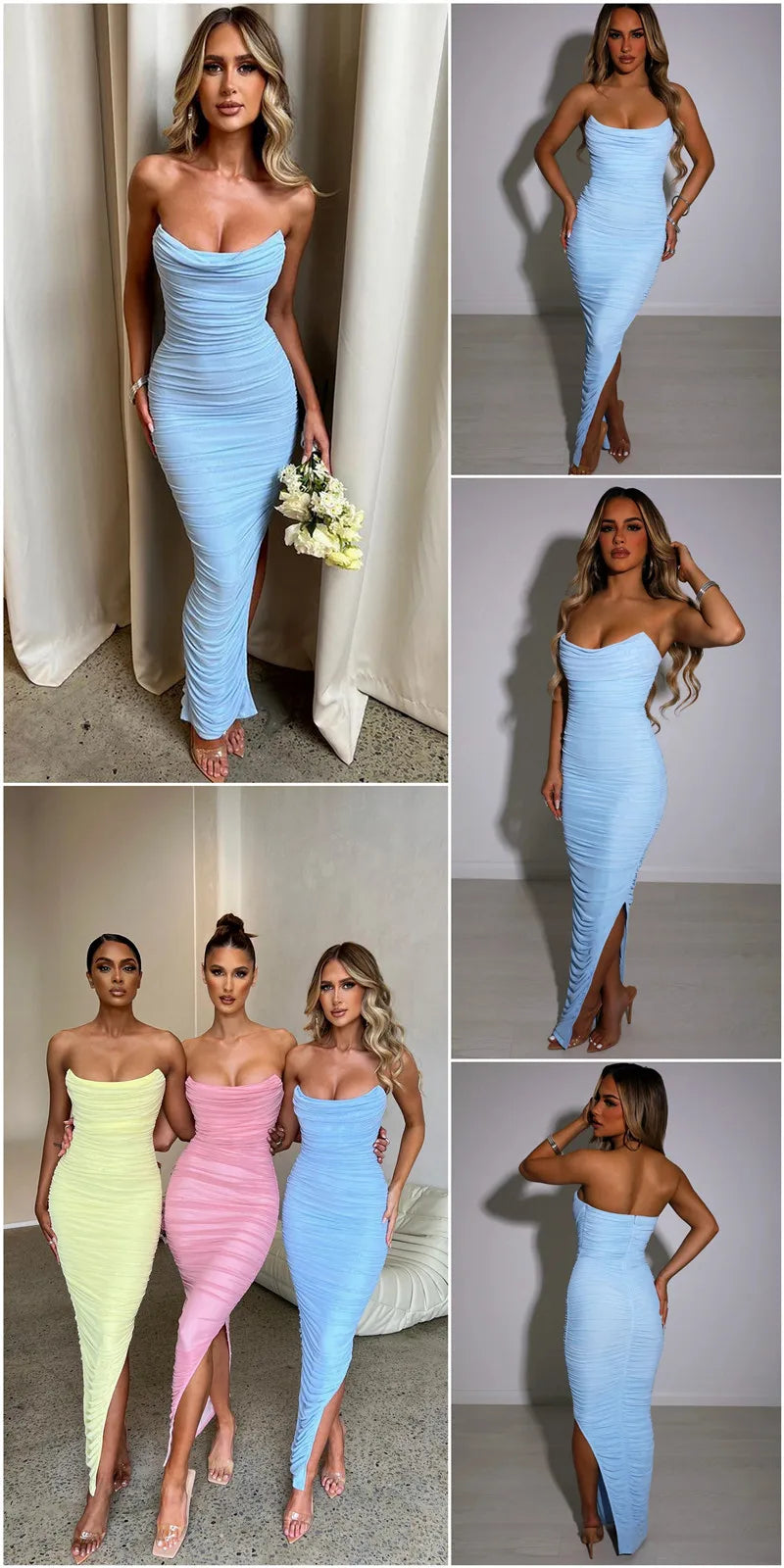 Articat Sexy Strapless Mesh Maxi Dress Women Blue Backless High Slit Ruched Dress Female Autumn 2022 Elegant Party Club Vestidos