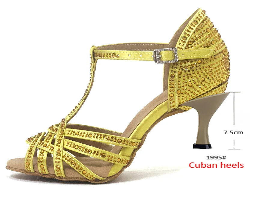 WUXIJIAO Classic Yellow Satin Latin Dance Shoes British Style Water Diamond Dance Shoes Sasha Tango Dance Shoes