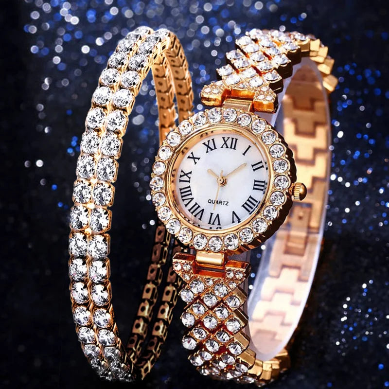 Fashion  Business  Luxury Full Crystal Watch Set Diamond Bracelet Set Jewelry for Women Gift  with Set Gift Box