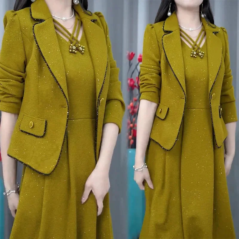 Middle Aged Female Dress Sets Spring Autumn High End Elegant Blazer Coat And Long Dress 2PCS Women OL Temperament Dresses Suit