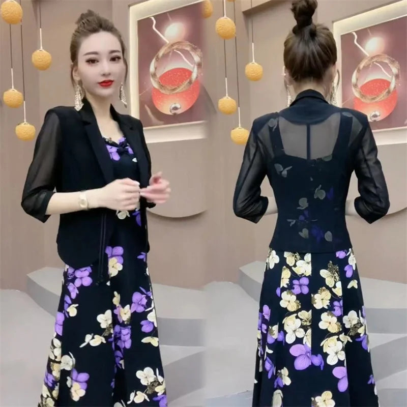 Popular High-End Brooch Blazer Slip Dress Suit Jacket Women's Summer Fashion Blazer Suit Skirt Two-Piece Set Sling Print Dress