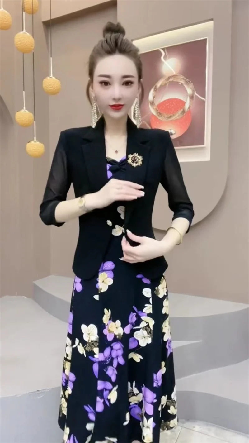 Popular High-End Brooch Blazer Slip Dress Suit Jacket Women's Summer Fashion Blazer Suit Skirt Two-Piece Set Sling Print Dress