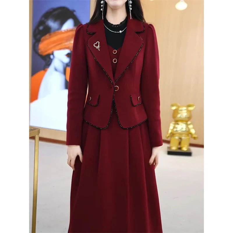 High End Suit Jacket Dress Two-piece Set Women 2024 Spring Autumn Winter New Advanced Red Blazer Coat Long Dress Female Outfit