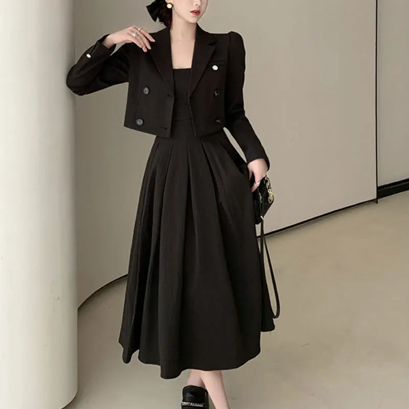 Autumn Korea Elegant Women Black Office Hepburn Suit Dress Casual Lapel  Blazer Coat Classic High Waist A Line  Pleated Dress