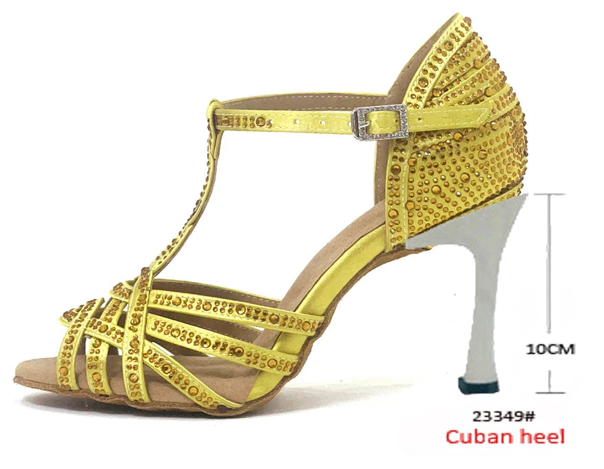 WUXIJIAO Classic Yellow Satin Latin Dance Shoes British Style Water Diamond Dance Shoes Sasha Tango Dance Shoes