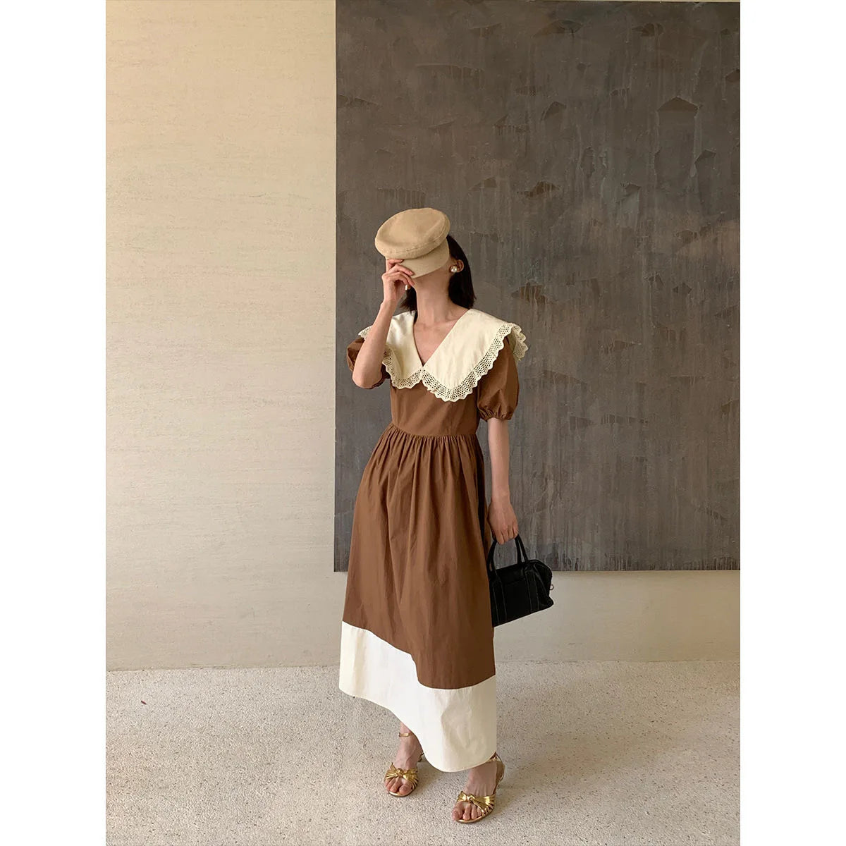 Women Dress Peter Pan Collar Hollow Out Simple Hepburn Korean Style Summer Kawaii College Patchwork Vintage Slim Fashion Preppy