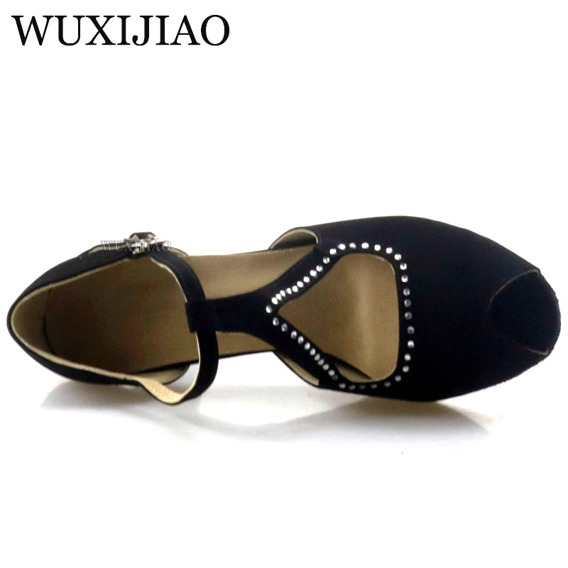 WUXIJIAO Suede Style Ballroom Dance Shoes Women with Black Party ladieslatin dance shoes black Women Latin Dance Shoes