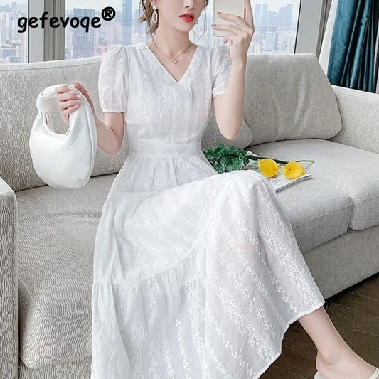 Summer New Pure Cotton V-neck Embroidery Elegant Fashion White Dresses Ladies Short Sleeve Waist Sweet Robe Dress Female Vestido