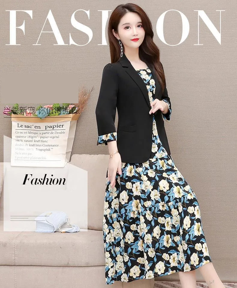 Women's Casual Floral Sling Dress Set 2025 Spring Autumn New Suit Jacket Dresses Two Piece Female Chic Blazers Midi Skirt Set