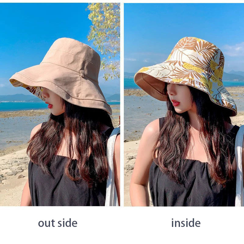 Reversible Foldable Cotton Sun Hat for Women Summer Wide Brim UV Protection Panama Beach Bucket Hat Ladies Girls Outdoor Sea Hat