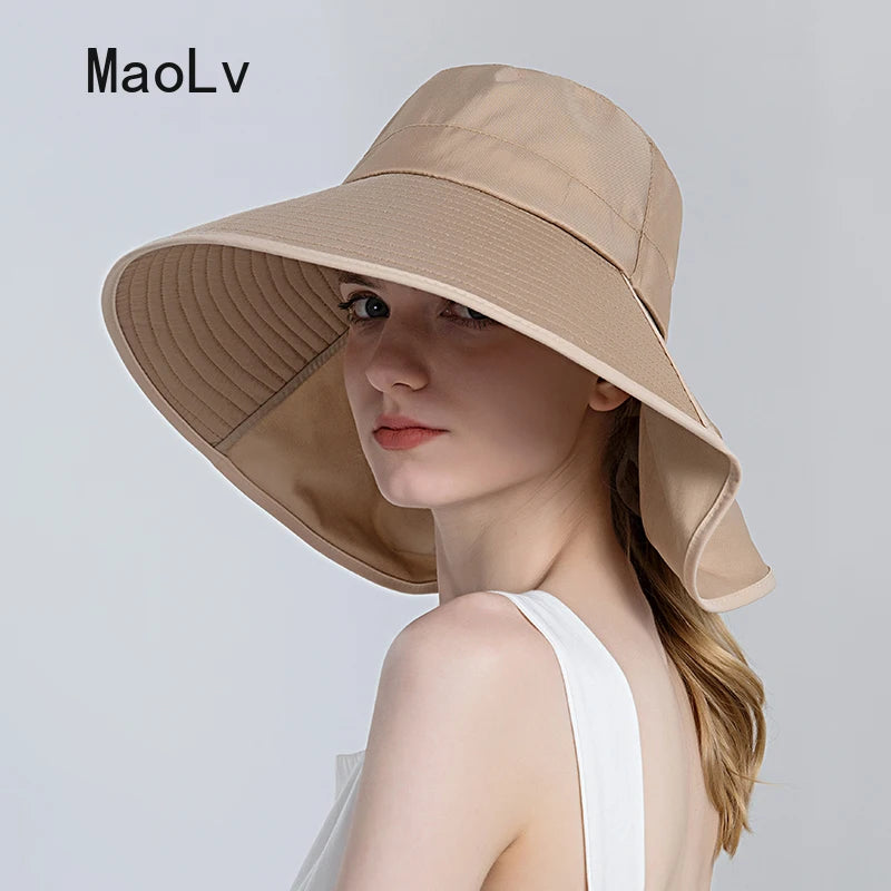 Beach Visor Ponytail Cap Summer Sun Hat for Women Outdoor Neck UV Protection Cycling Fishing Fisherman Hat Big Brim Bucket Hat