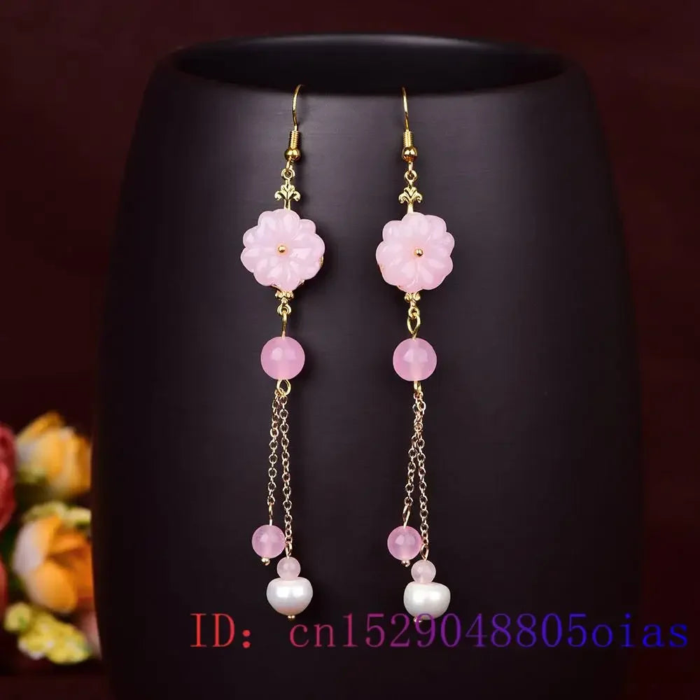 Pink Jade Flower Earrings Chalcedony Gemstone Charm Gifts Crystal Amulet Women Jewelry Natural Fashion Zircon 925 Silver