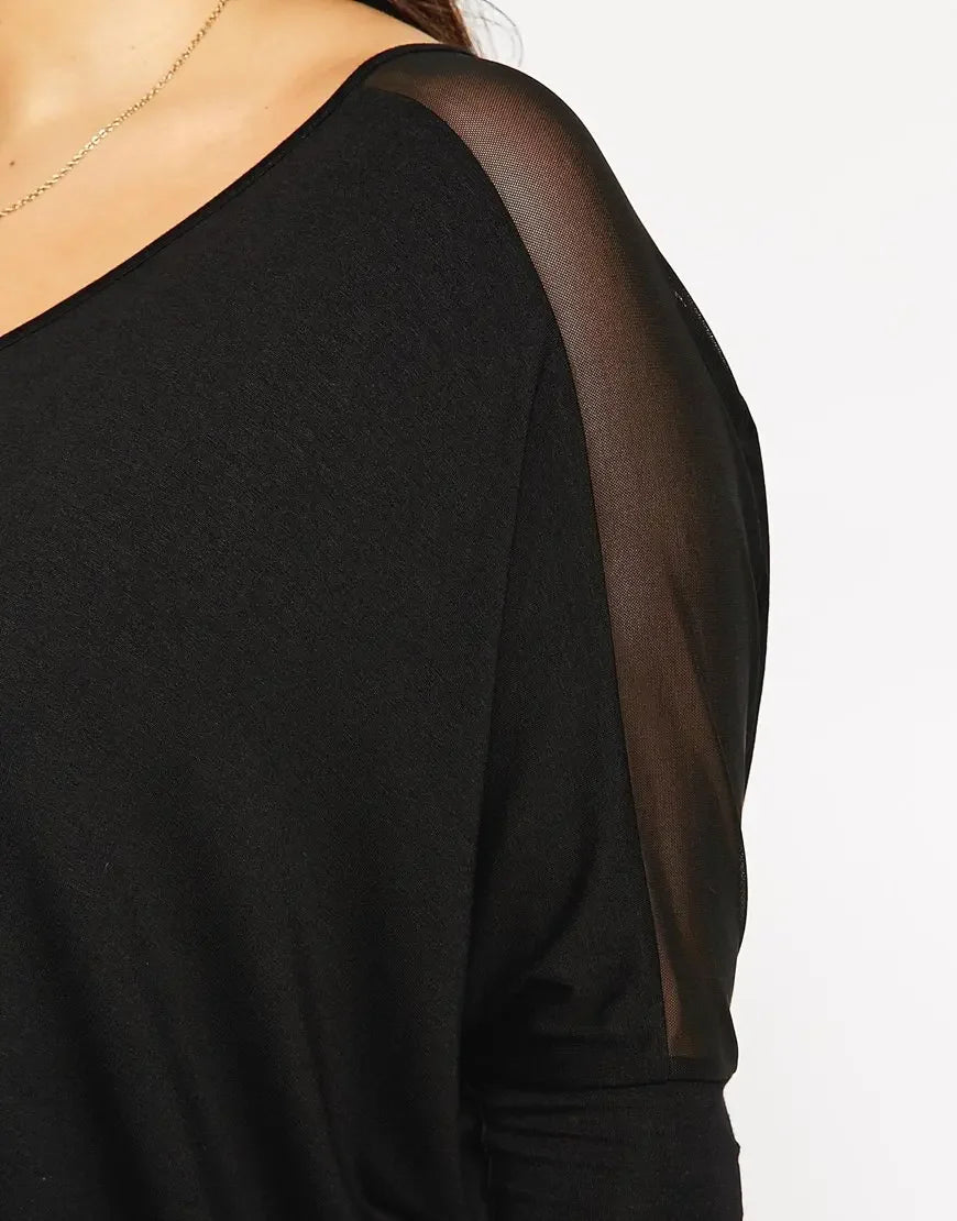 Plus Size Summer Elegant Loose Blouse Women 3/4 Batwing Sleeve Mesh Panel Black Loose Oversize Top Large Size Casual T-shirt 6XL