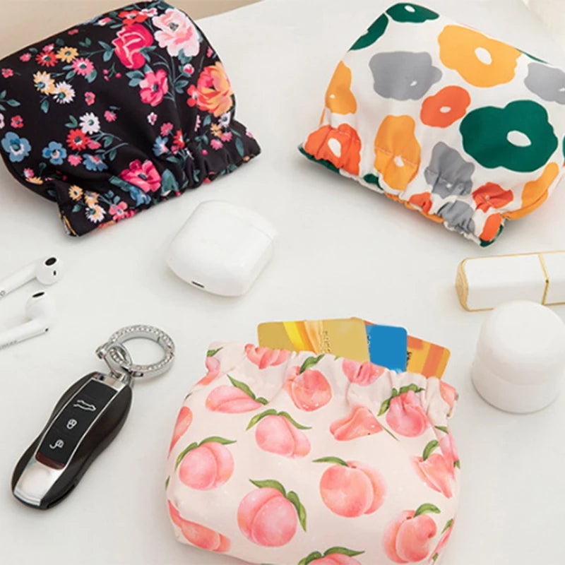 Floral Pocket Cosmetic Bag Oxford Cloth Elastic Self-Closing Pouches Coin Purse For Makeup Lipstick Earphones Jewelry Organizer