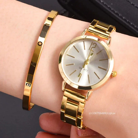 Ladies Fashion Simple Digital Alloy with Quartz Watch Bracelet 2pcs Set Luxury Women Simple Dial Ladies Watches Reloj Mujer