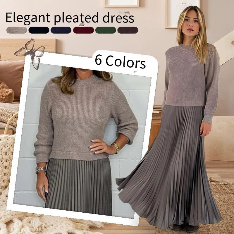 Women’s Pleated Dress Stylish Elegant Round Neck Pleated Dress Solid Color Pleated Long Skirt Bottom Dress