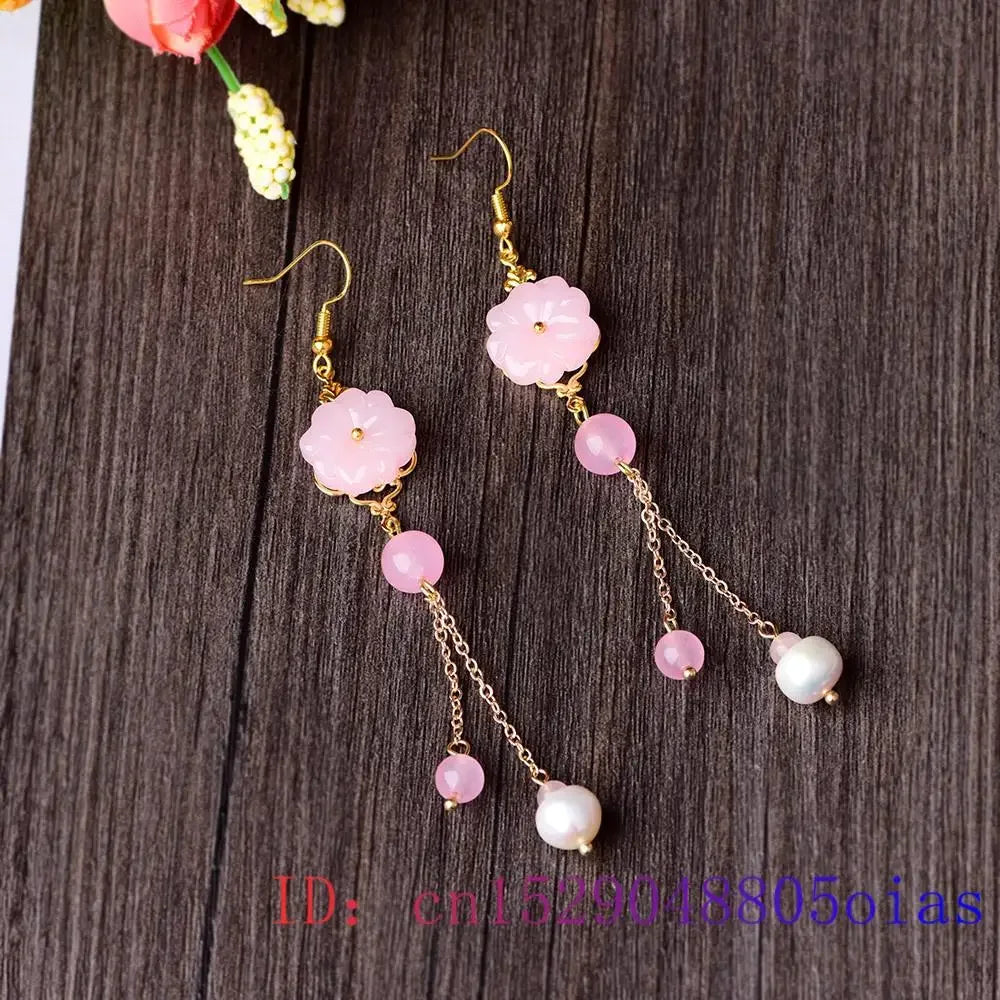 Pink Jade Flower Earrings Chalcedony Gemstone Charm Gifts Crystal Amulet Women Jewelry Natural Fashion Zircon 925 Silver