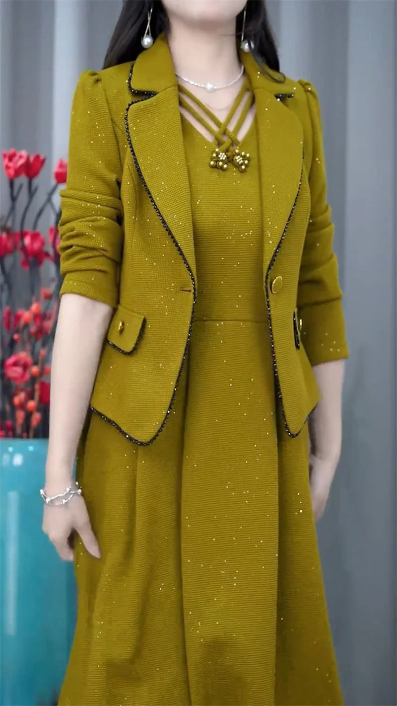 Middle Aged Female Dress Sets Spring Autumn High End Elegant Blazer Coat And Long Dress 2PCS Women OL Temperament Dresses Suit