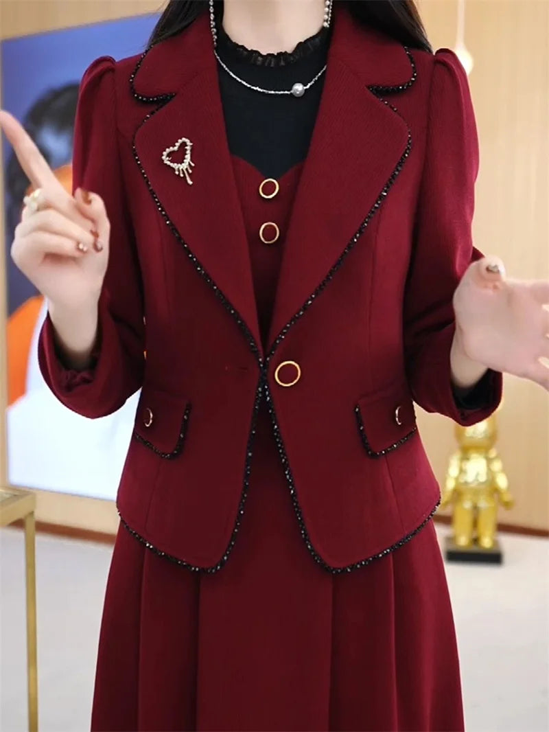 High End Suit Jacket Dress Two-piece Set Women 2024 Spring Autumn Winter New Advanced Red Blazer Coat Long Dress Female Outfit