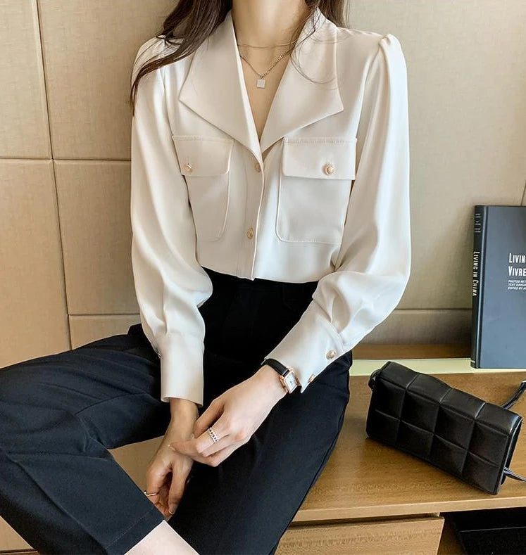 Women's Shirt and Blouse White Dress Shirts Loose Office Outfits Wear To Work Formal Female Tops Full Long Sleeve Button Up Cool