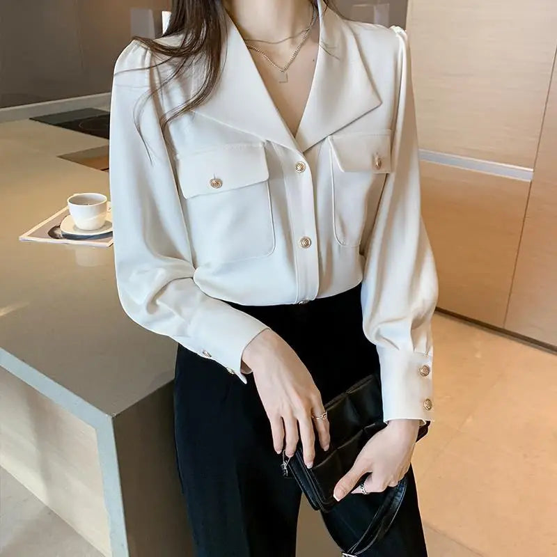 Women's Shirt and Blouse White Dress Shirts Loose Office Outfits Wear To Work Formal Female Tops Full Long Sleeve Button Up Cool