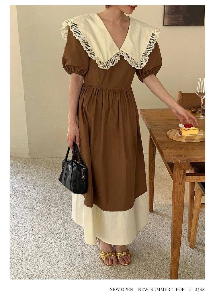 Women Dress Peter Pan Collar Hollow Out Simple Hepburn Korean Style Summer Kawaii College Patchwork Vintage Slim Fashion Preppy