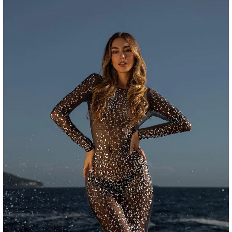 Tossy Glitter Female Cover up Maxi Dress Mesh See-Through Split Fashion Long Sleeve Slim Sexy Beach Cover up Dress For Women New