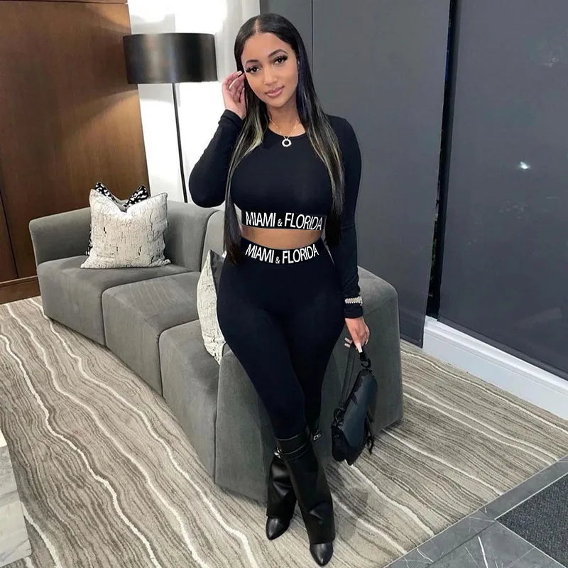 Casual Letter Print Two Piece Set Sport Tracksuit Women Long Sleeve Crop Top Sweatshirt Legging Pants Outfit Y2k Streetwear Suit