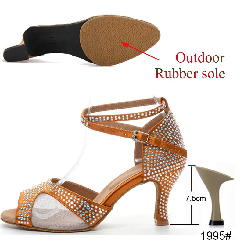 Latin Dance Shoes Women's Salsa Tango Ballroom Party High Heel Women's Shoes Bronze Satin Rhinestone Dance Sandals Summer