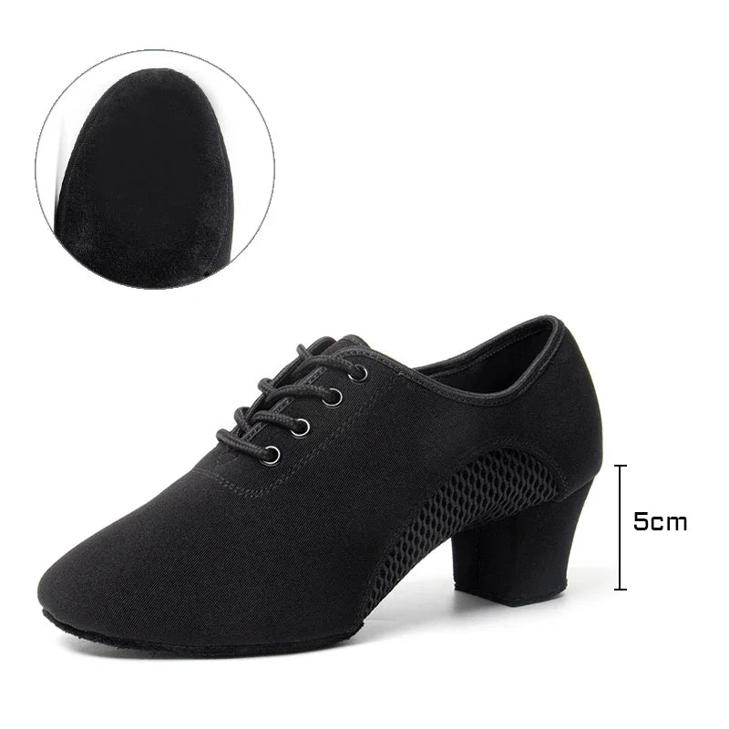 2024 New Arrival Oxford Cloth Latin Dance Shoes Unisex Air-Mesh Breathable Ballroom Shoes 3.5CM Heel Lace-Up Design Tango Jazz