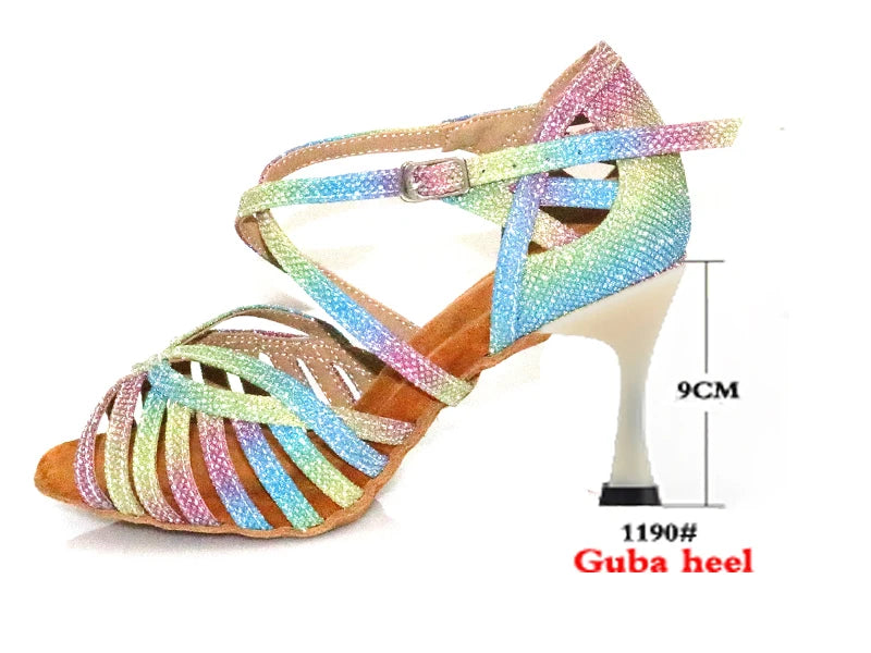 WUXIJIAO Latin Dance Shoes For Women Colorful glitter fabric Salsa Dance Shoes Women's Ballroom Dance Sandals