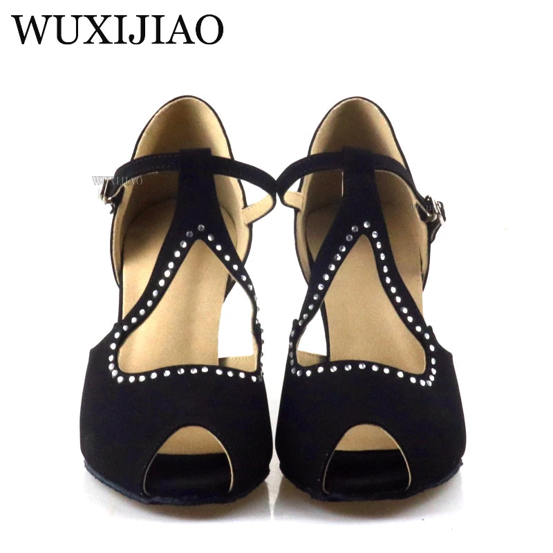 WUXIJIAO Suede Style Ballroom Dance Shoes Women with Black Party ladieslatin dance shoes black Women Latin Dance Shoes