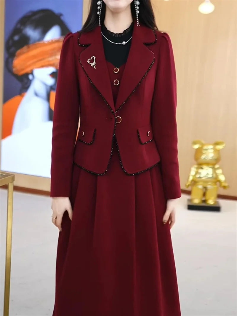 High End Suit Jacket Dress Two-piece Set Women 2024 Spring Autumn Winter New Advanced Red Blazer Coat Long Dress Female Outfit