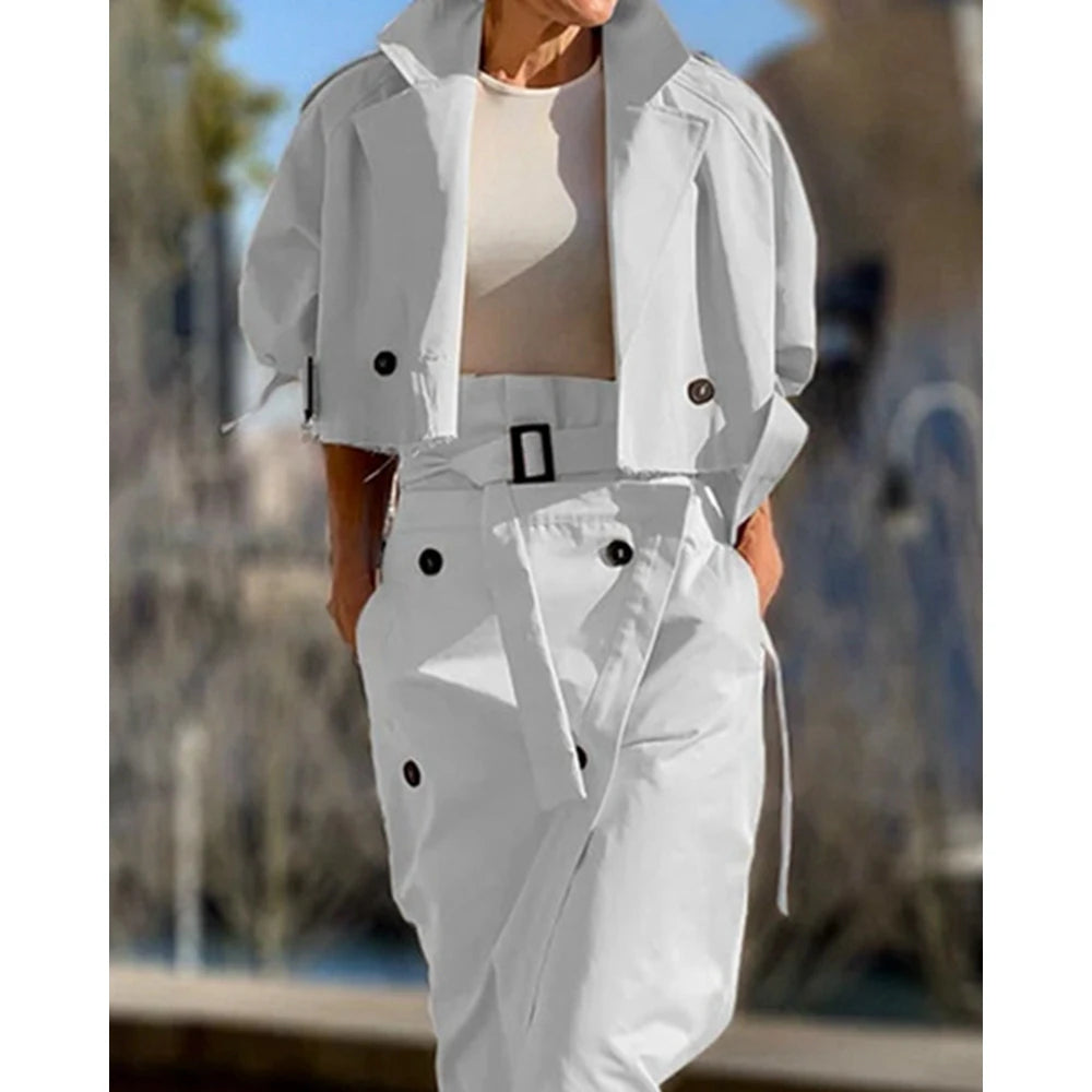 Casual Autumn Women Epaulet Nothched Collar Trench Short Coat & Buttoned Midi Pants Set Cargo Two Pieces Dress Set