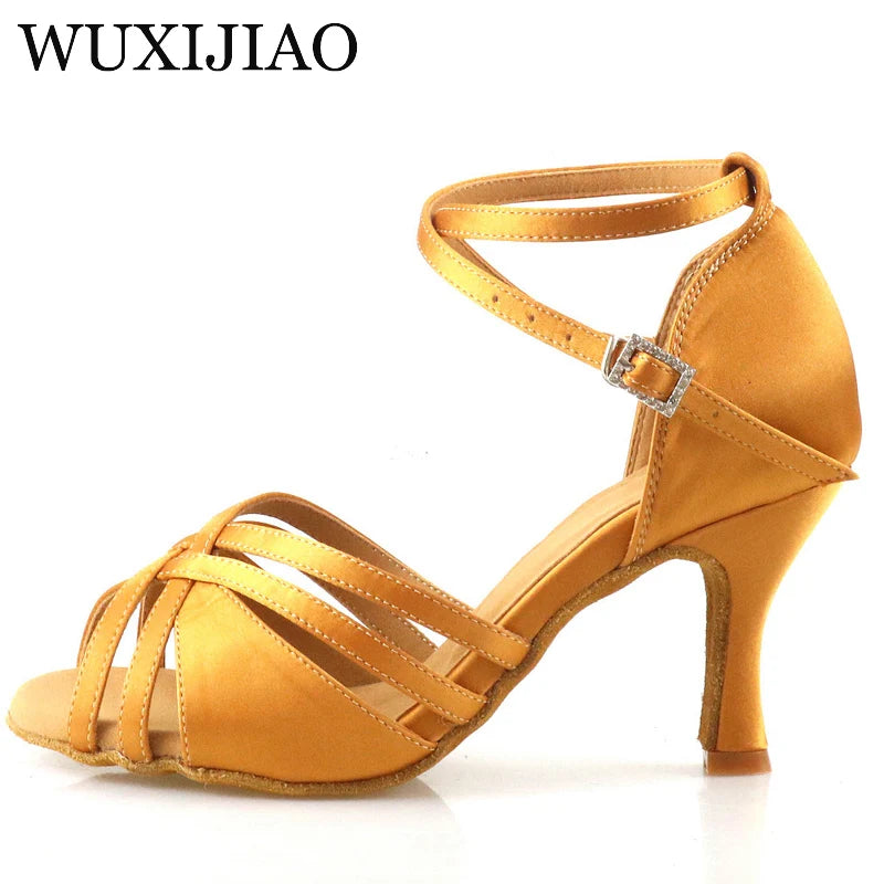 WUXIJIAO Ballroom dance shoes, women's rhinestone dance shoes, tango dance shoes, Sasha Latin dance shoes, bronze heel