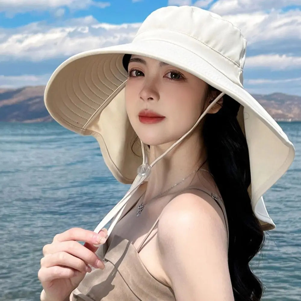 Women's Summer Hat for The Sun Wide Brim UV Neck Protection Solar Beach Bucket Hats Foldable Ponytail Travel Panama Cap