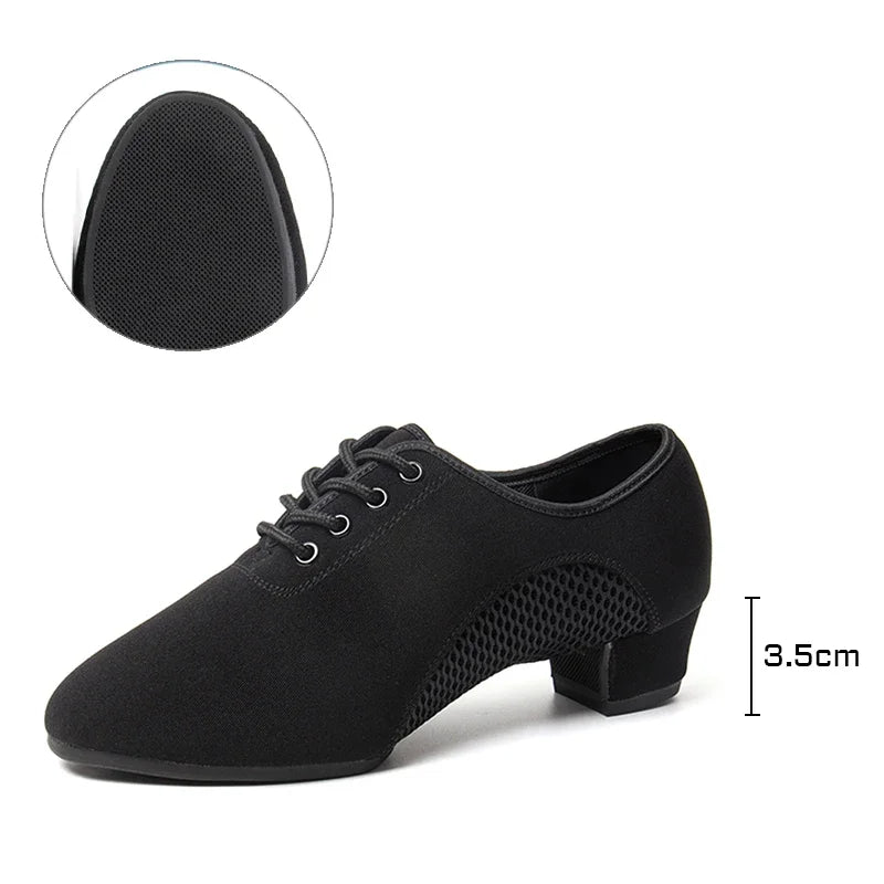 2024 New Arrival Oxford Cloth Latin Dance Shoes Unisex Air-Mesh Breathable Ballroom Shoes 3.5CM Heel Lace-Up Design Tango Jazz