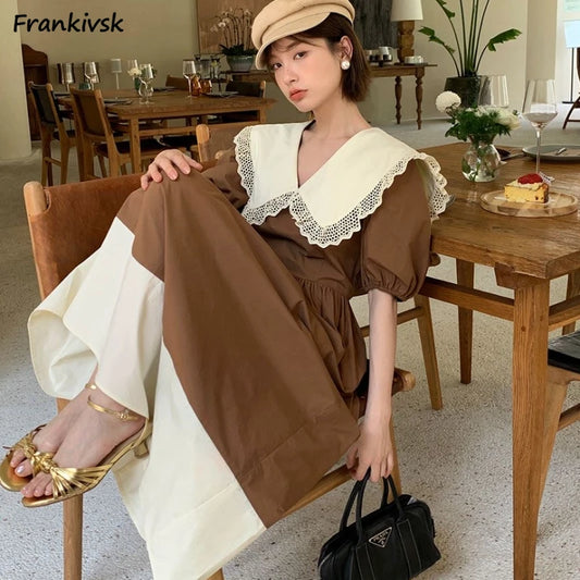 Women Dress Peter Pan Collar Hollow Out Simple Hepburn Korean Style Summer Kawaii College Patchwork Vintage Slim Fashion Preppy