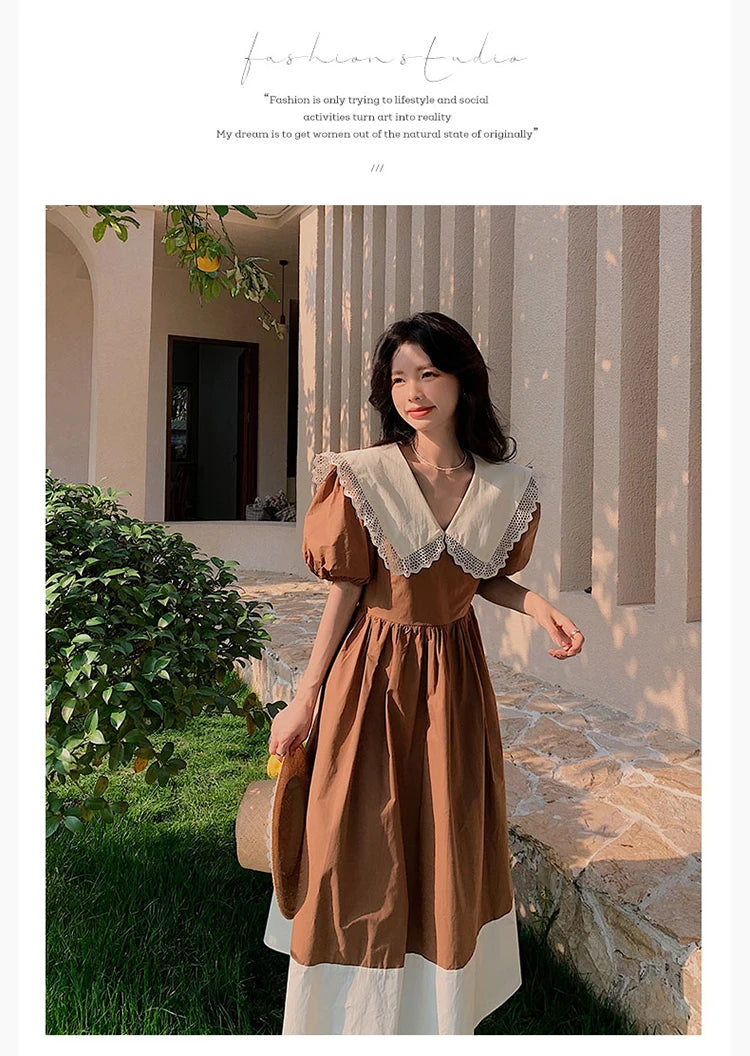 Women Dress Peter Pan Collar Hollow Out Simple Hepburn Korean Style Summer Kawaii College Patchwork Vintage Slim Fashion Preppy