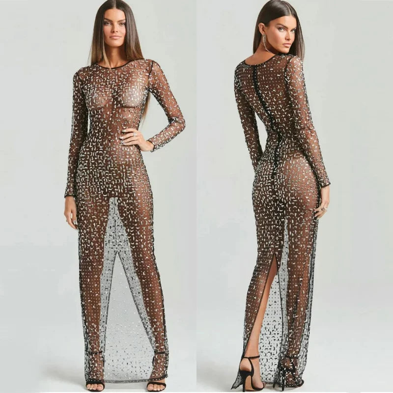 Tossy Glitter Female Cover up Maxi Dress Mesh See-Through Split Fashion Long Sleeve Slim Sexy Beach Cover up Dress For Women New