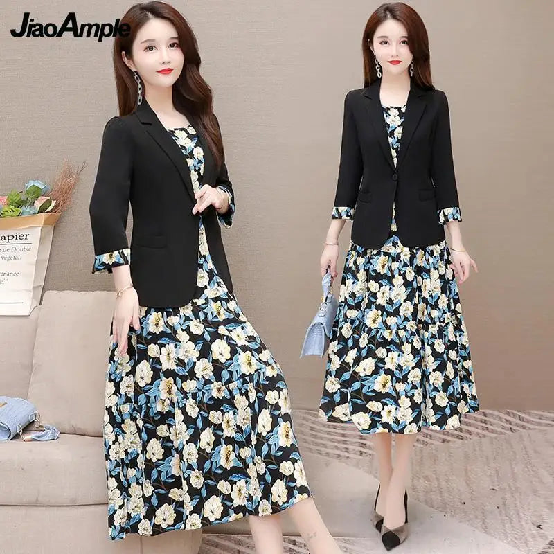 Women's Casual Floral Sling Dress Set 2025 Spring Autumn New Suit Jacket Dresses Two Piece Female Chic Blazers Midi Skirt Set