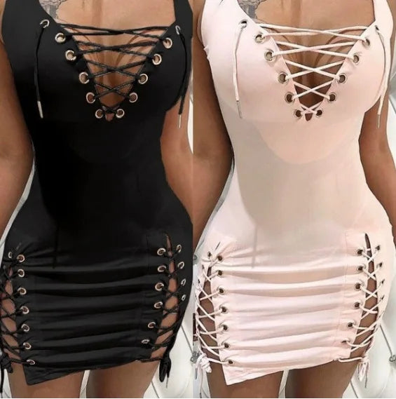 Women's Solid Deep V Slim Strapping Skinny Dress Nightclub Woman Fashion Sleeveless Sexy Spicy Girl High Waist Dresses