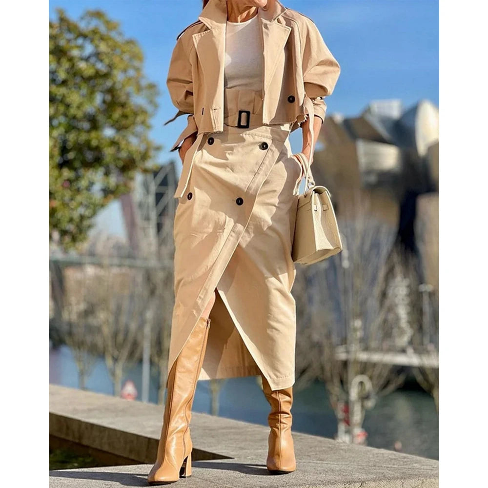 Casual Autumn Women Epaulet Nothched Collar Trench Short Coat & Buttoned Midi Pants Set Cargo Two Pieces Dress Set