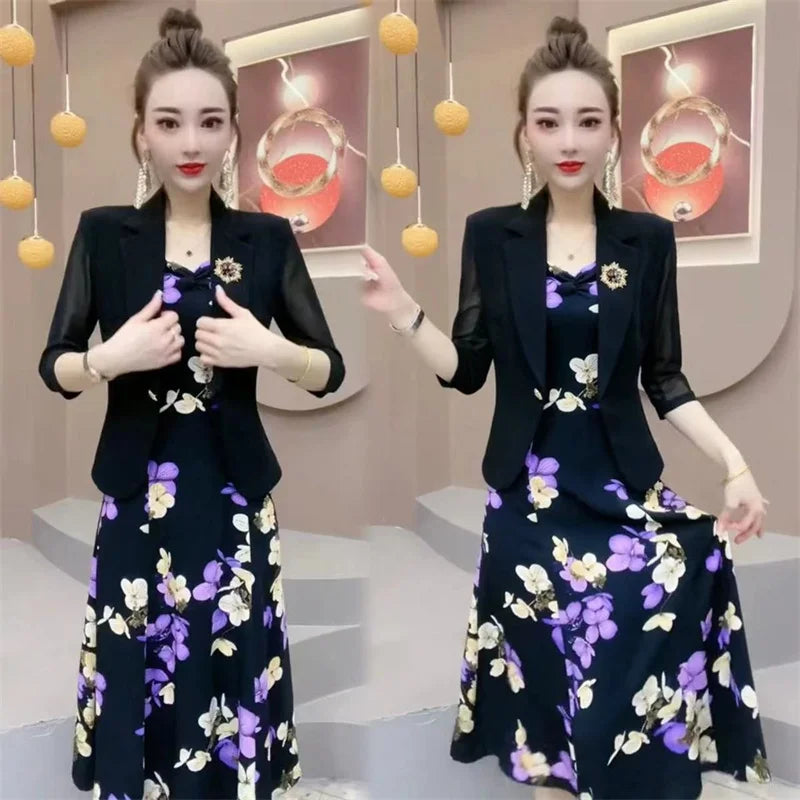 Popular High-End Brooch Blazer Slip Dress Suit Jacket Women's Summer Fashion Blazer Suit Skirt Two-Piece Set Sling Print Dress